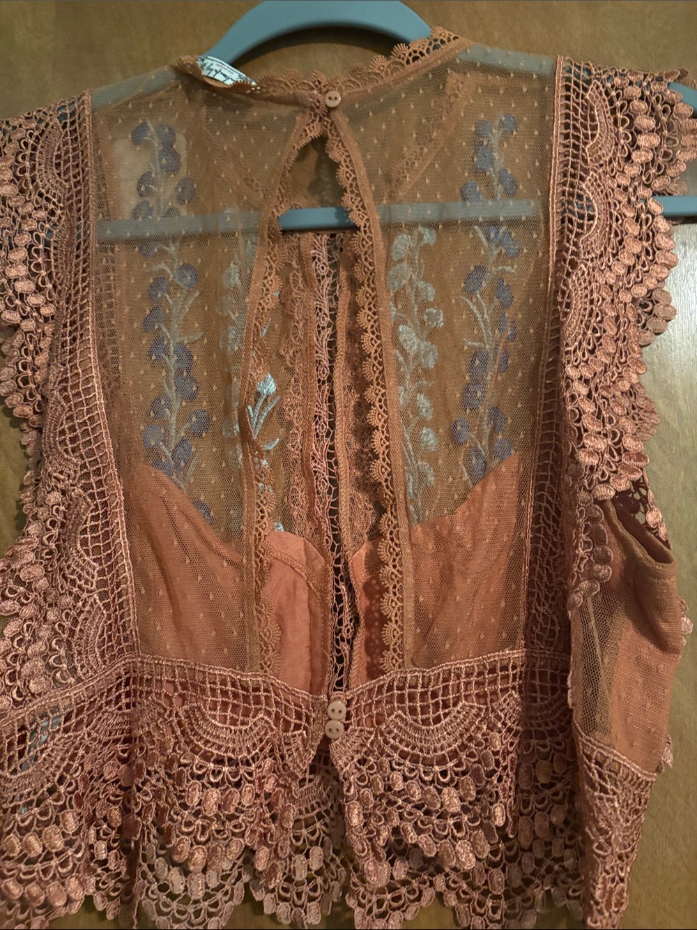Free People Rustembroidered Lace Trim Camisole with Blue and Cream Accents - Picture 4 of 5